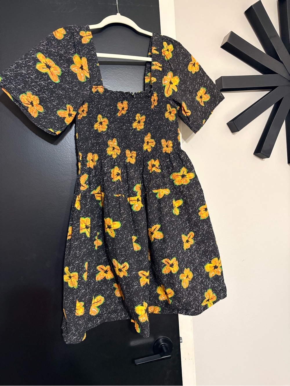 Smocked Black Casual Dress with Yellow Floral Print, sz4 - Picture 3 of 10